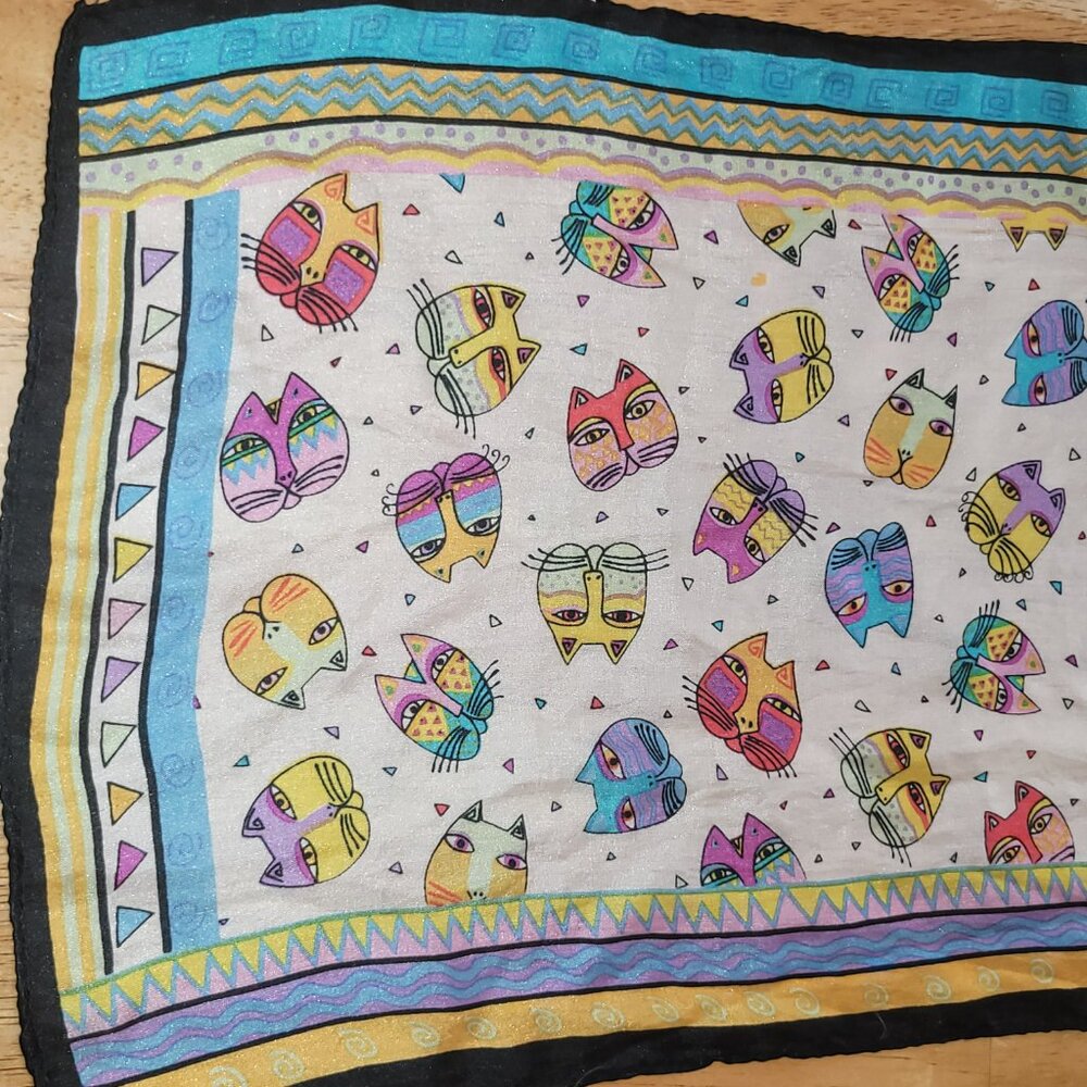 Vintage Laurel Burch Silk Scarf Wrap 10x50" Colorful Blue Purple Yellow Cats - Picture 5 of 8